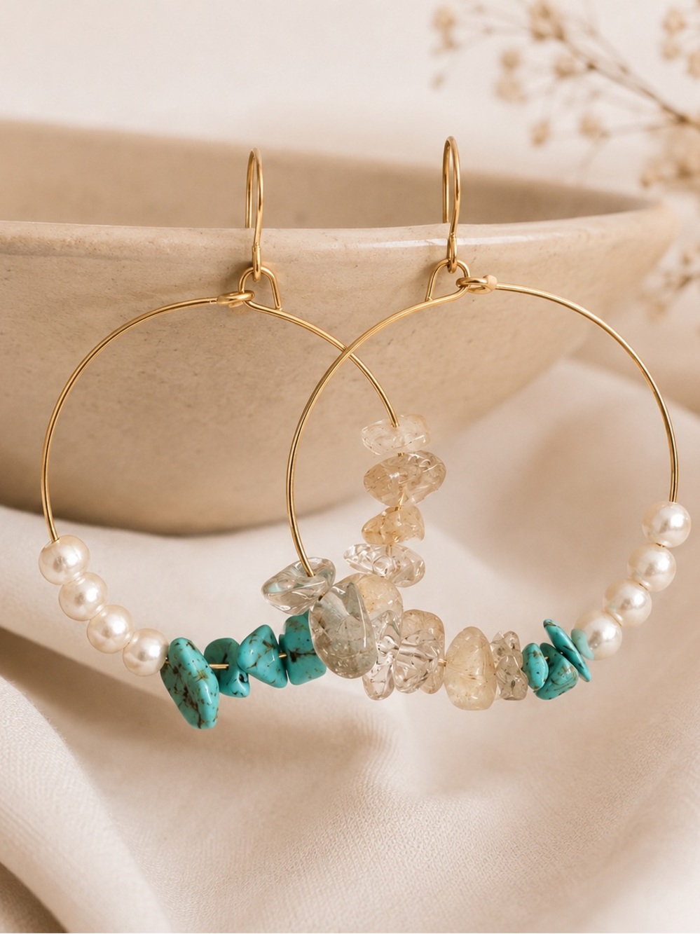 🌟Gold tone pearly stone hoops